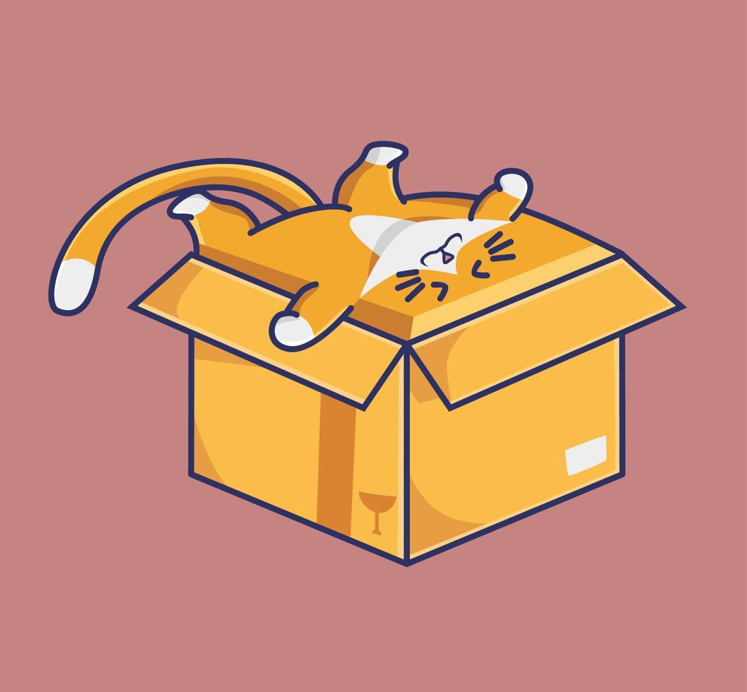 chat mignon coincé dans du carton. illustration isolée de concept de nature animale de dessin animé. style plat adapté au vecteur de logo premium de conception d'icône d'autocollant. personnage mascotte