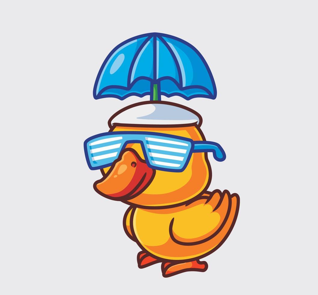 jolies vacances d'été de canard jaune avec parapluie et lunettes. illustration de nature animale de dessin animé isolé. style plat adapté au vecteur de logo premium de conception d'icône d'autocollant. personnage mascotte