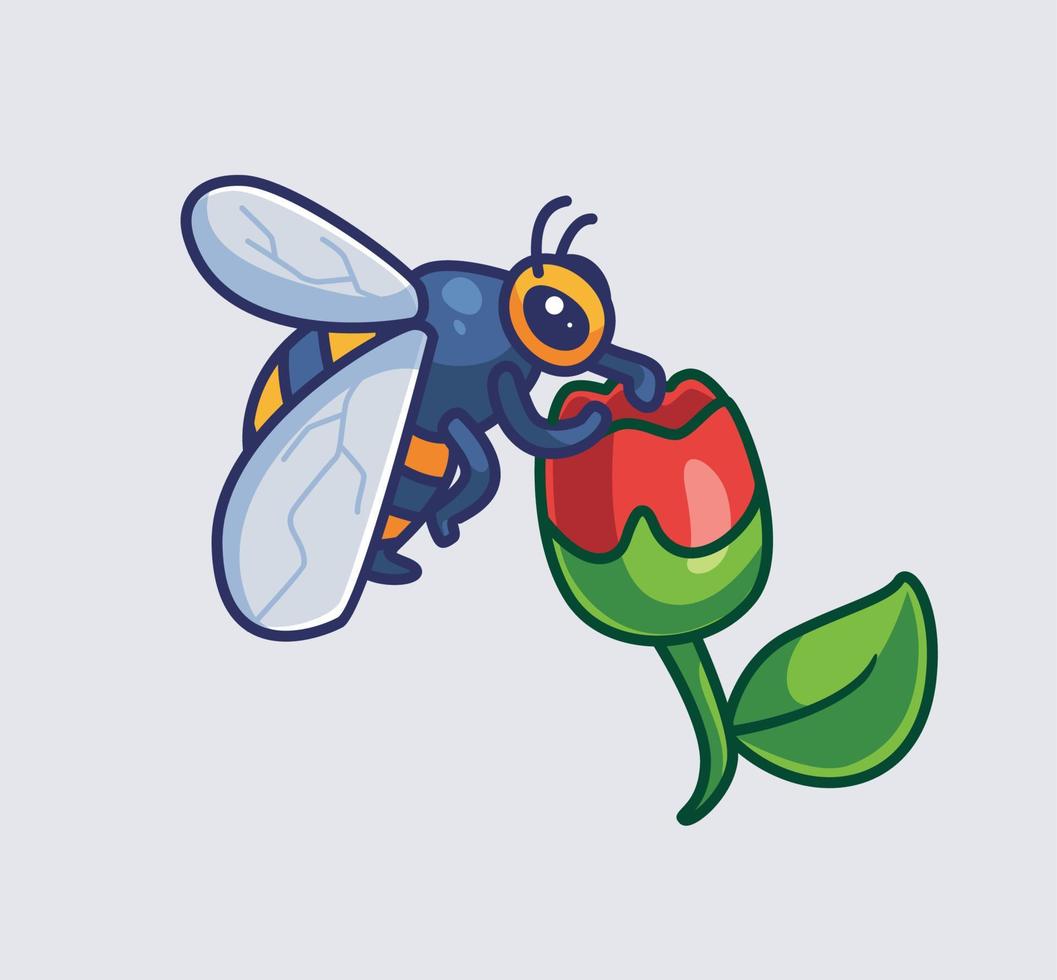 jolie perche d'abeille sur une fleur. illustration de nature animale de dessin animé isolé. style plat adapté au vecteur de logo premium de conception d'icône d'autocollant. personnage mascotte