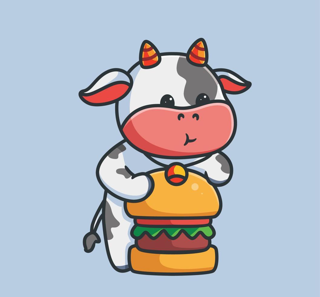 vache mignonne mangeant un hamburger. illustration de nature animale de dessin animé isolé. style plat adapté au vecteur de logo premium de conception d'icône d'autocollant. personnage mascotte