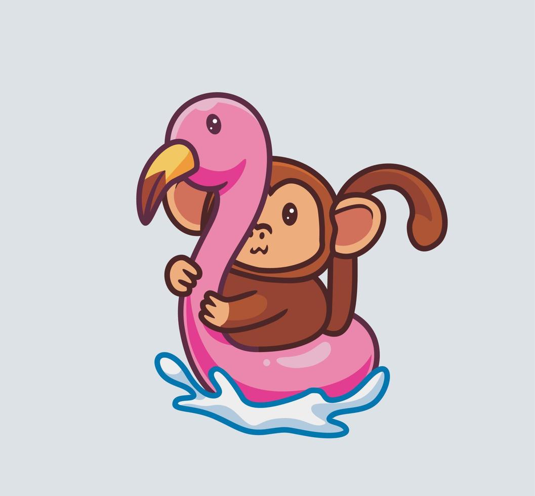 mignon singe jouer flamingo bouée été. illustration de nature animale de dessin animé isolé. style plat adapté au vecteur de logo premium de conception d'icône d'autocollant. personnage mascotte