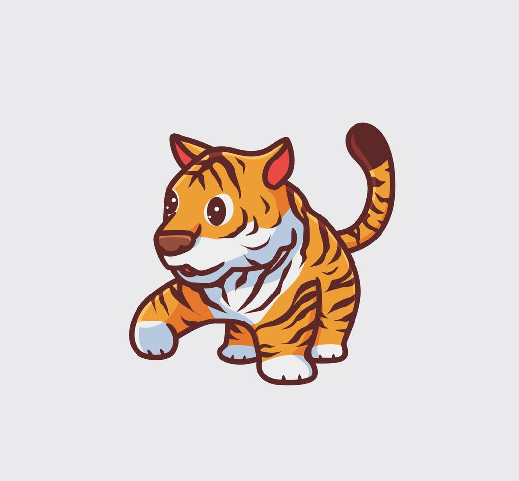 tigre mignon marchant premier pas. illustration de nature animale de dessin animé isolé. style plat adapté au vecteur de logo premium de conception d'icône d'autocollant. personnage mascotte