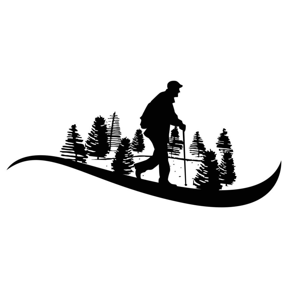 illustration vectorielle de vieil homme marchant dans la forêt noir et blanc vecteur