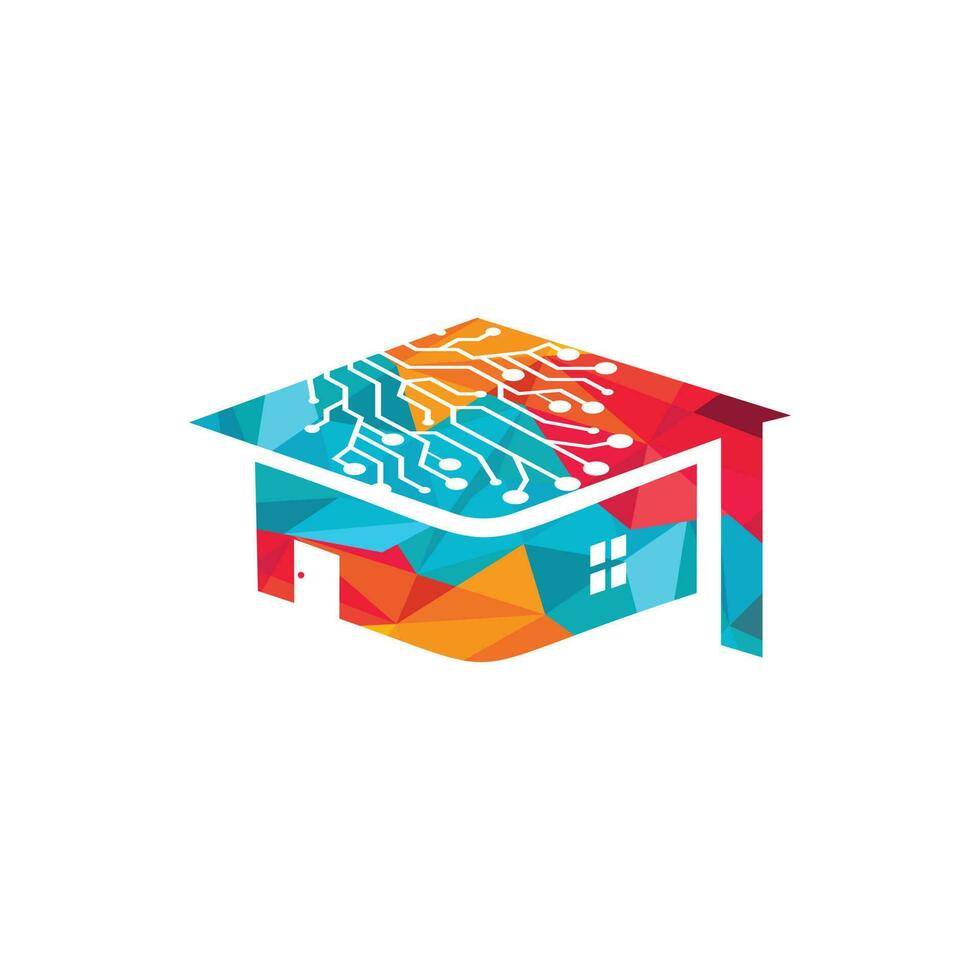 concept de conception de logo d'école de technologie. technologie intelligente artificielle avec capuchon de graduation et logo de la maison. vecteur
