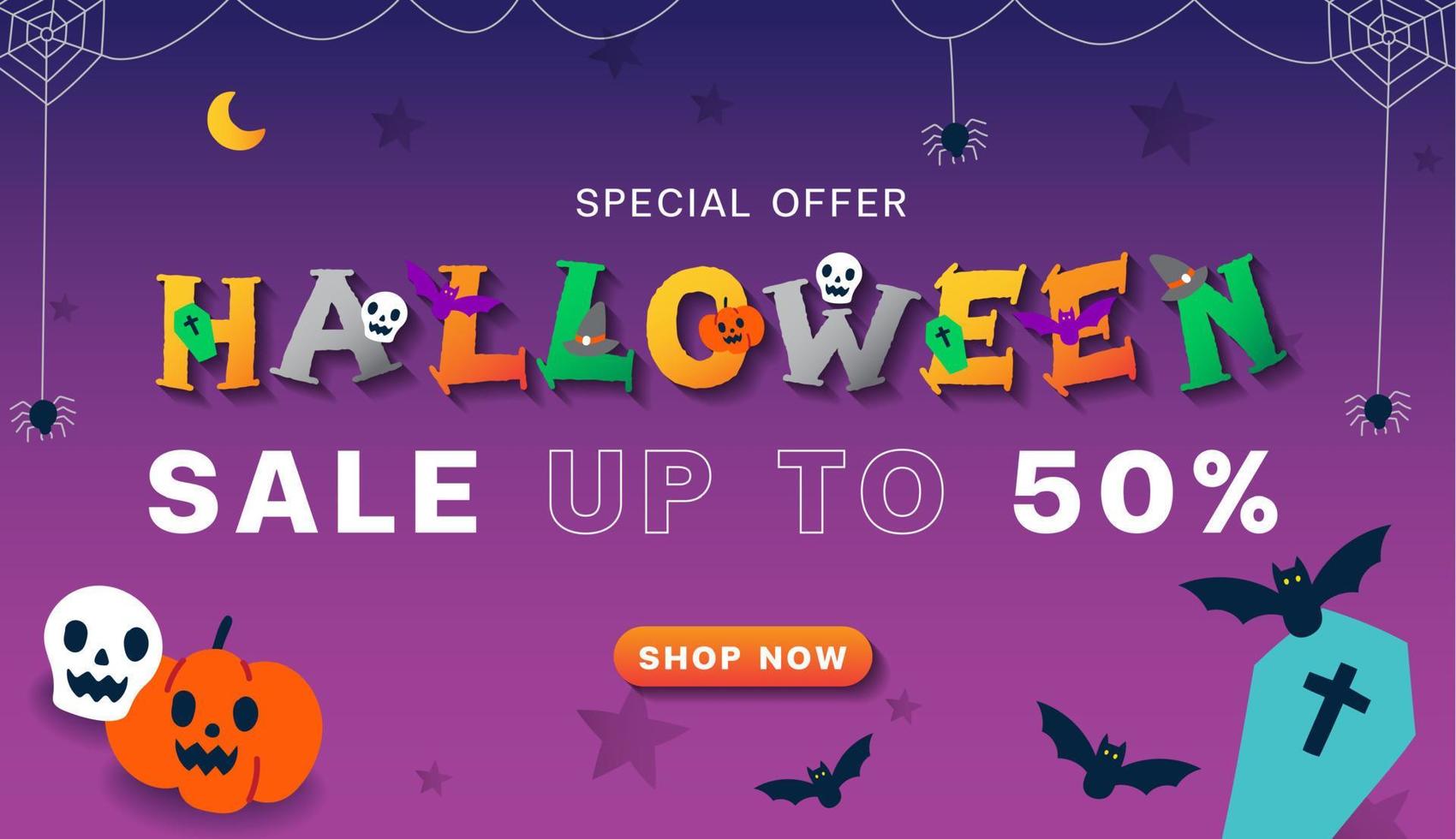 publicité mignonne halloween dessin animé marketing en ligne promotion vente jusqu'à 50 rectangle bannière web carte d'invitation vecteur fond violet crâne, citrouille, chauve-souris, araignée boutique en ligne maintenant bouton