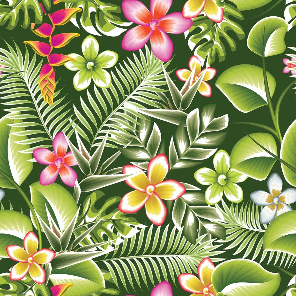 modèle sans couture d'illustration abstraite botanique avec feuilles tropicales colorées et feuillage de plantes à fleurs sur fond vert foncé. imprimé jungle. fond fleuri. impression et textile. tropique exotique vecteur