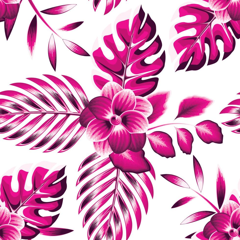 fond de fleur de frangipanier rose abstrait vecteur motif décoratif sans couture à la mode avec des feuilles de palmier tropical monstera et le feuillage des plantes. fond fleuri. tropique exotique. art d'été. le printemps