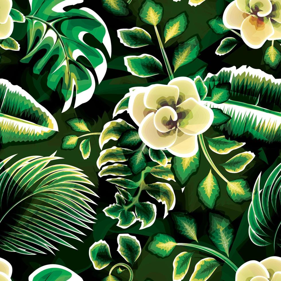 les plantes tropicales vertes laissent un motif sans couture avec une texture abstraite sur fond de nuit. fond floral beige. feuilles de bananier et papier peint à la feuille de noix de coco. tropique exotique. conception d'été. la nature. le printemps vecteur