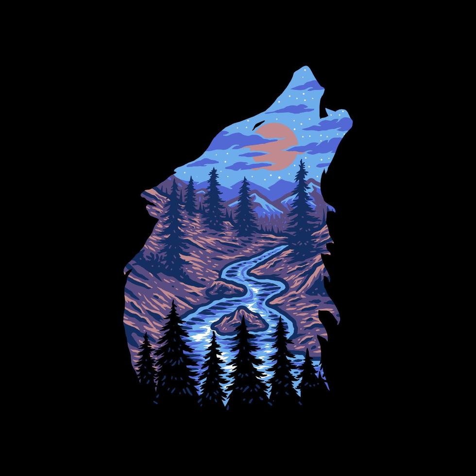 dessin vectoriel de paysage de forêt de loups, style de trait dessiné à la main avec couleur numérique