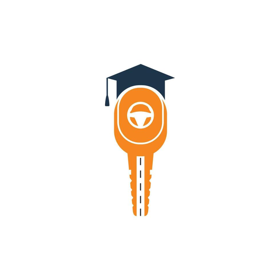 création de logo d'auto-école. clé de voiture avec route, volant et icône de cap de graduation. vecteur