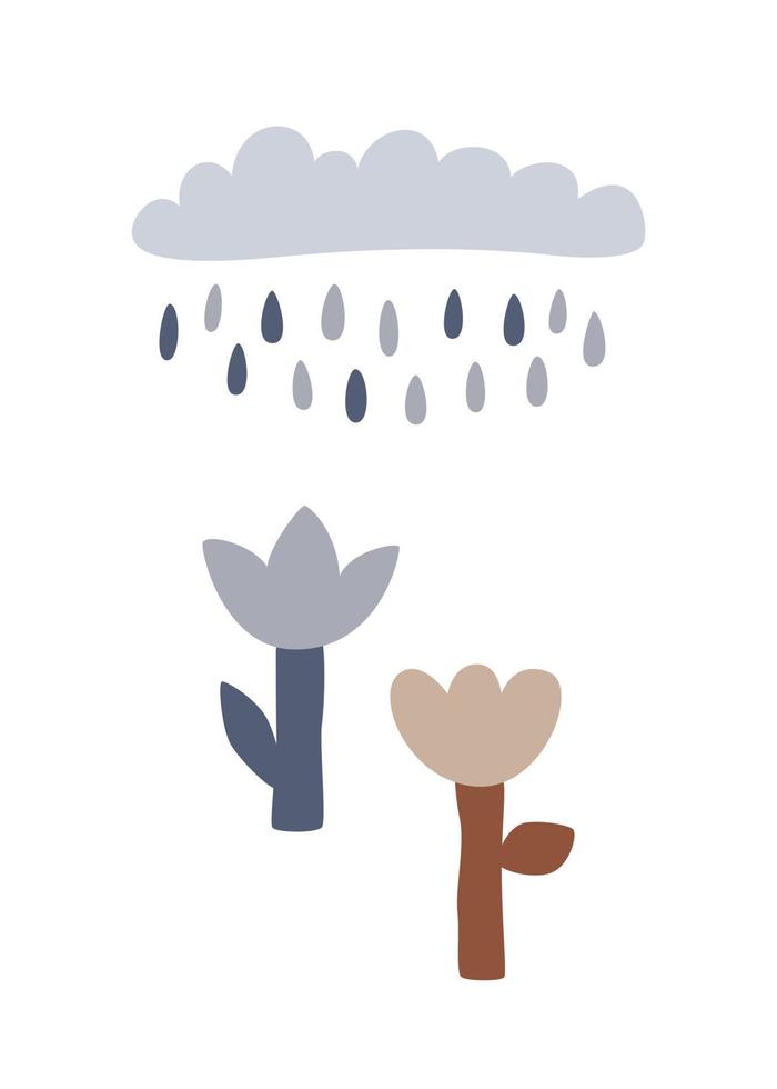 jolie affiche minimaliste avec de simples fleurs de griffonnage et un nuage de pluie. illustration vectorielle isolée pour impression ou carte de voeux vecteur