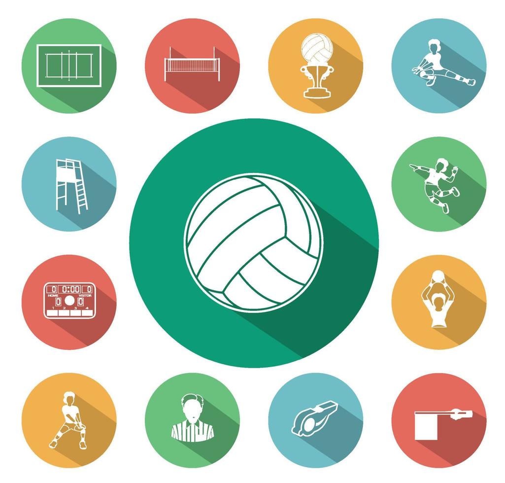 couleur moderne des icônes de volley-ball plat sertie d'effet d'ombre portée vecteur