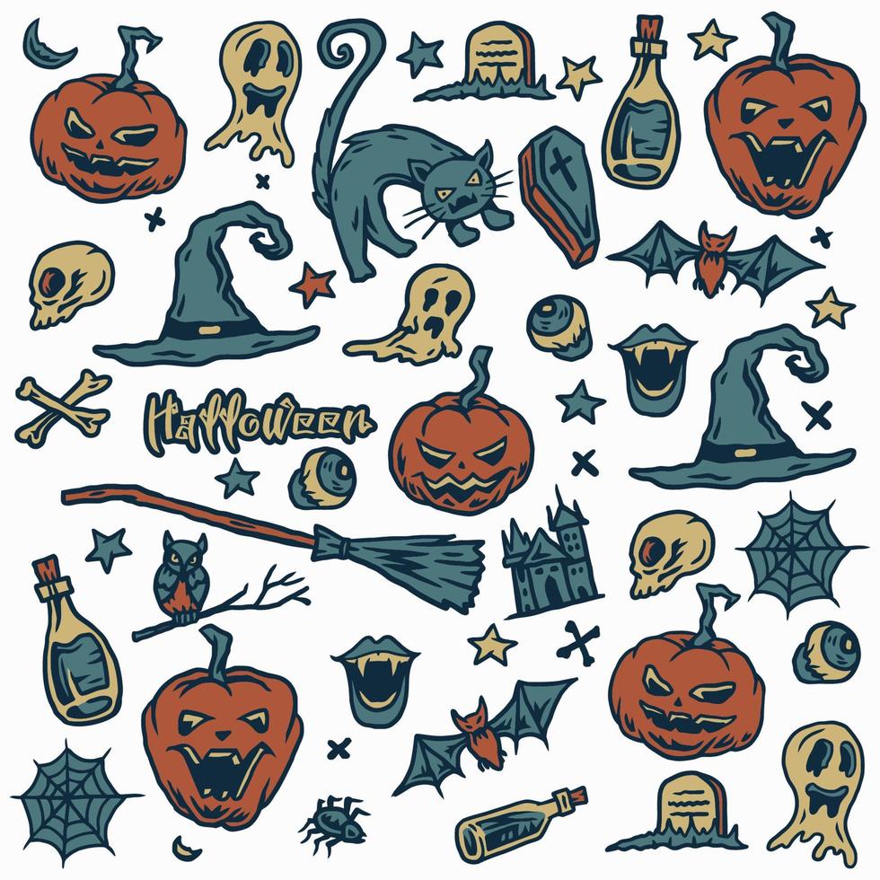 halloween, fantôme, chat, hibou, crâne, la tombe, chapeau, balai magique, illustrations de bouteilles utilisant un style de dessin à la main continué avec la coloration numérique vecteur