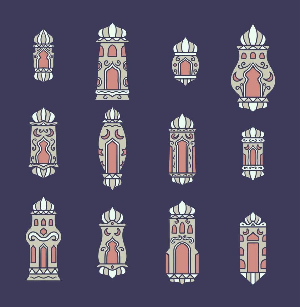 ensemble de lumières ramadan kareem, ligne dessinée à la main avec couleur numérique, illustration vectorielle vecteur