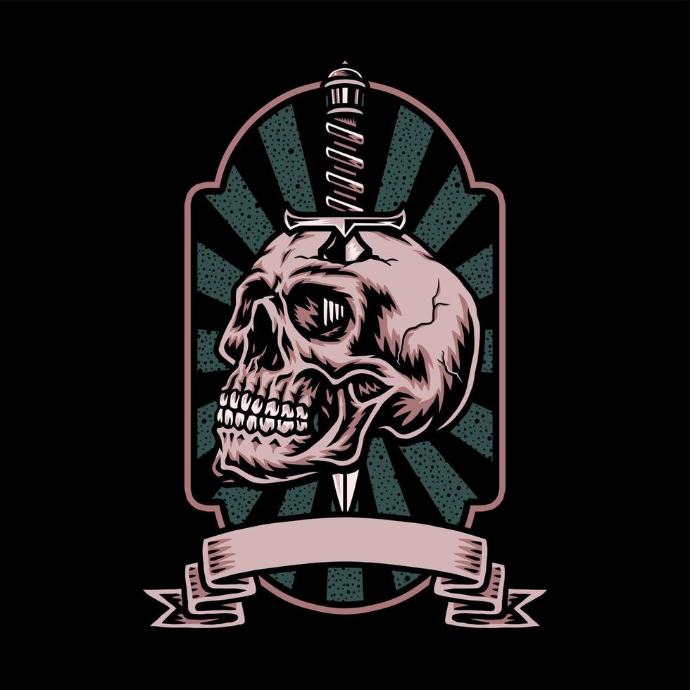 couteau crâne avec bannière, ligne dessinée à la main avec couleur numérique, illustration vectorielle vecteur