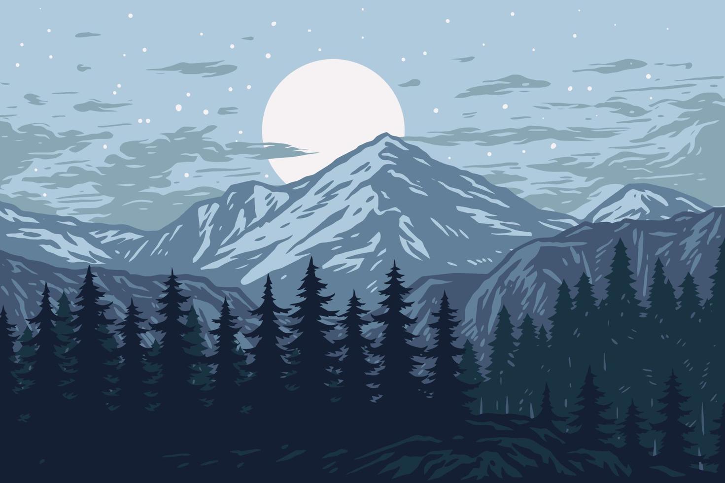 panorama de montagnes, arbres à feuilles persistantes, fond de paysage, style de ligne dessiné à la main avec couleur numérique, illustration vectorielle vecteur