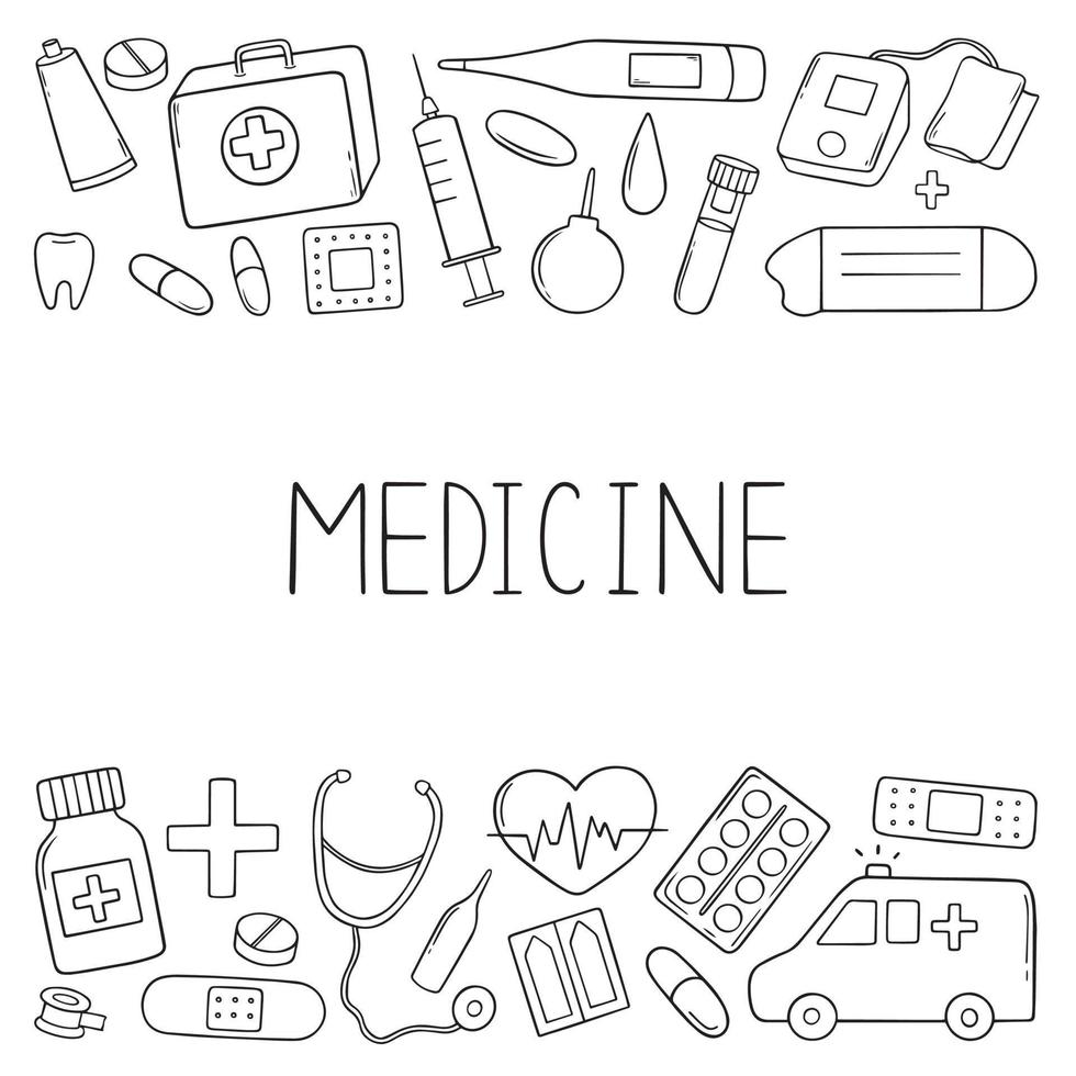 ensemble de doodles de médecine dessinés à la main. bordure horizontale de l'équipement médical, pharmacie dans le style de croquis. illustration vectorielle vecteur