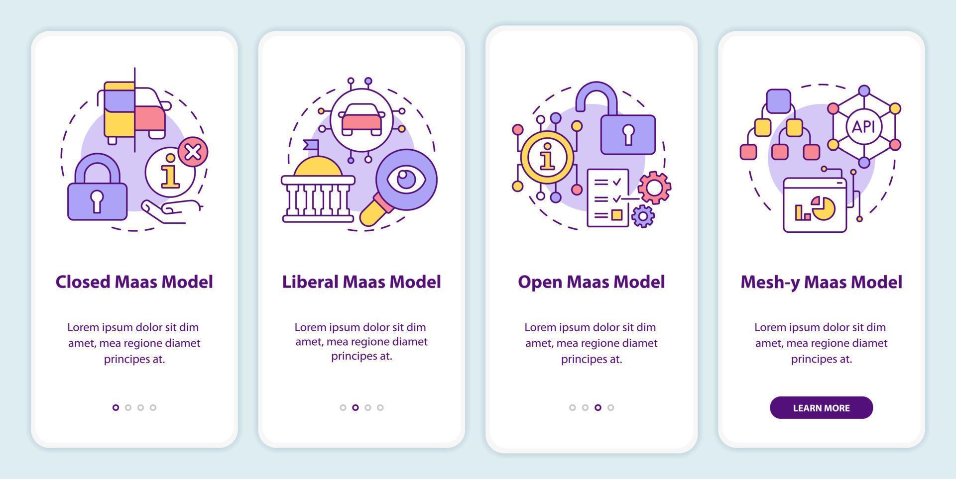 écran d'application mobile d'intégration des modèles maas. procédure pas à pas du système numérique instructions graphiques modifiables en 4 étapes avec des concepts linéaires. ui, ux, modèle d'interface graphique. vecteur