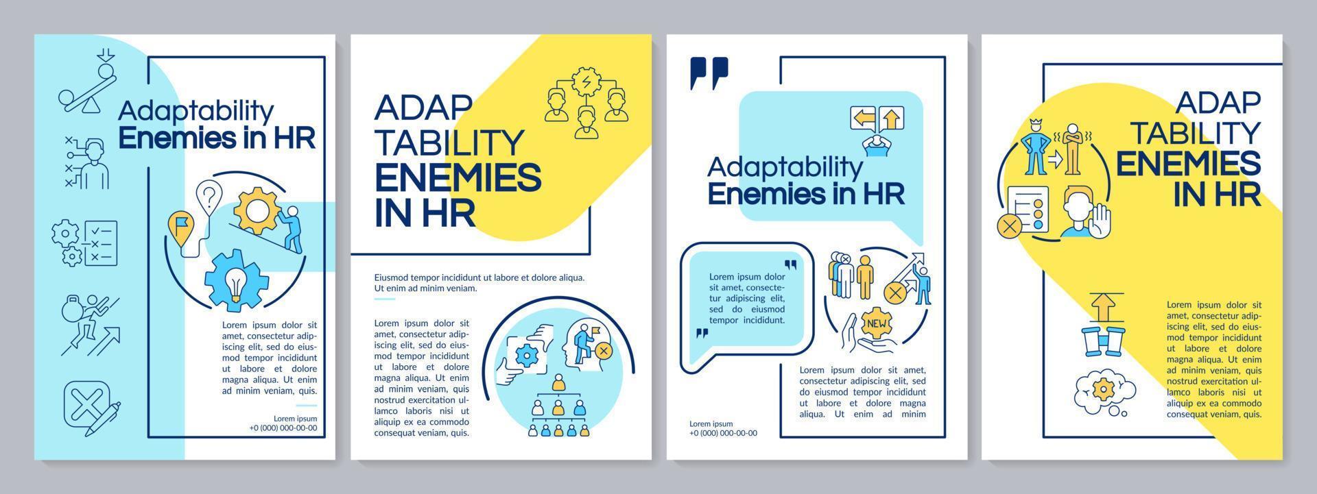 ennemis d'adaptabilité dans le modèle de brochure hr bleu et jaune. problèmes. conception de dépliant avec des icônes linéaires. 4 mises en page vectorielles modifiables pour la présentation, les rapports annuels. vecteur