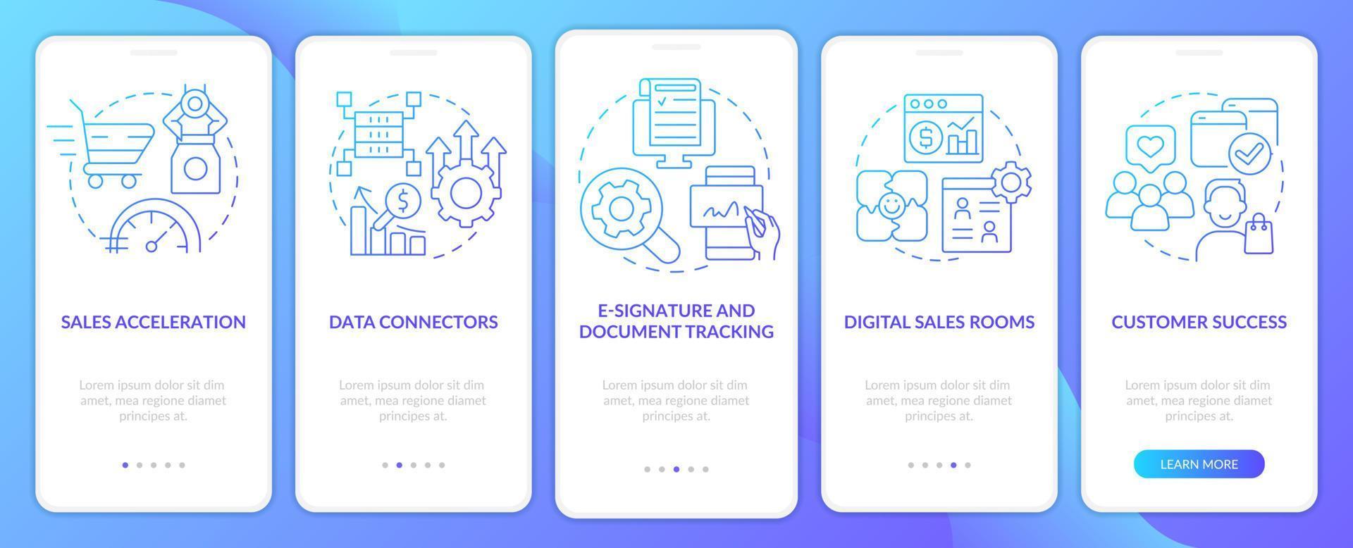 outils de vente écran d'application mobile d'intégration en dégradé bleu. tendances marketing pas à pas instructions graphiques en 5 étapes avec des concepts linéaires. ui, ux, modèle d'interface graphique. vecteur