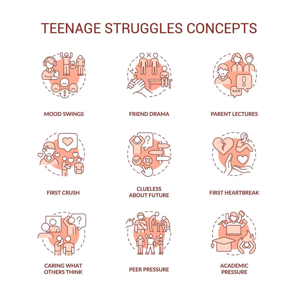 ensemble d'icônes de concept de terre cuite de luttes adolescentes. problèmes majeurs auxquels sont confrontés les illustrations en couleur des lignes fines de l'idée adolescente. symboles isolés. trait modifiable. vecteur