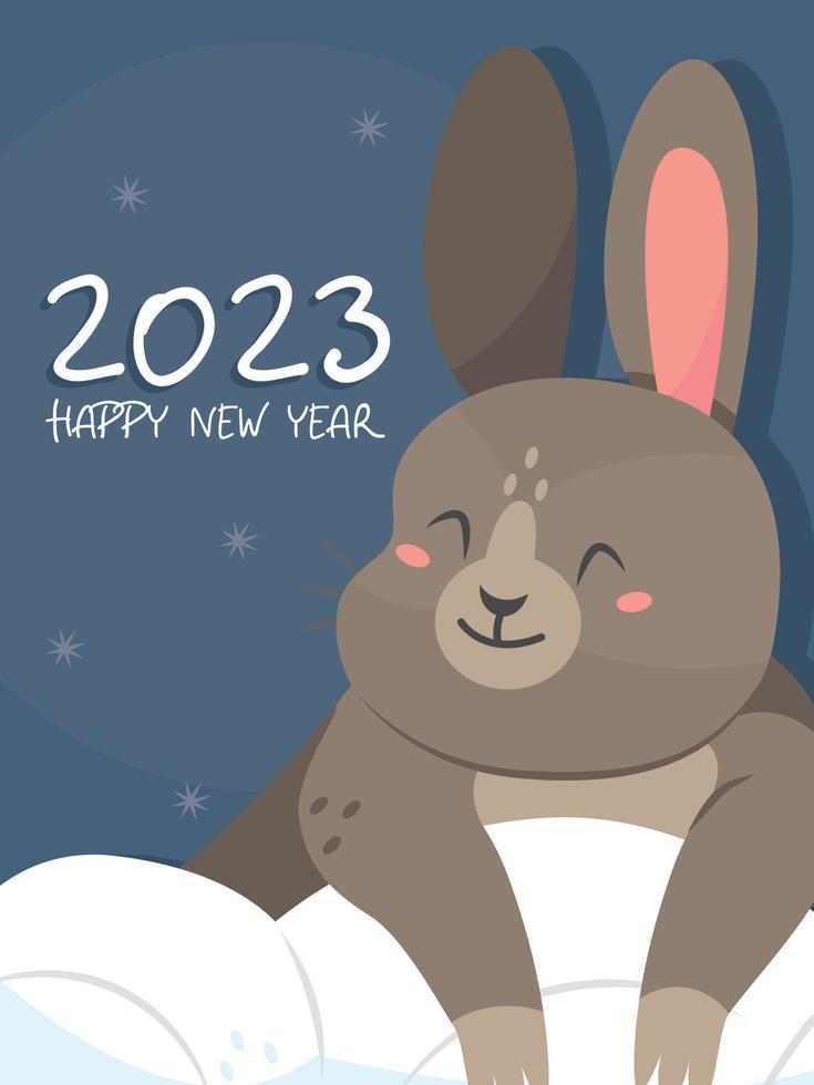 la conception de la carte de voeux verticale du nouvel an 2023 lapin. une carte avec un lapin mignon sur la neige en style cartoon et le texte bonne année. illustration vectorielle. vecteur