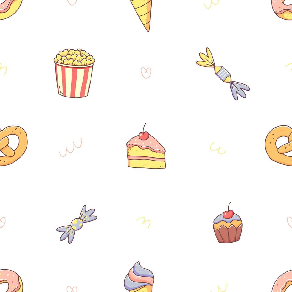 modèle sans couture avec restauration rapide dans un joli style kawaii doodle. pop-corn, gâteau, bonbons, cupcake, bagel, crème glacée, beignet. fond d'illustration de vecteur de malbouffe.
