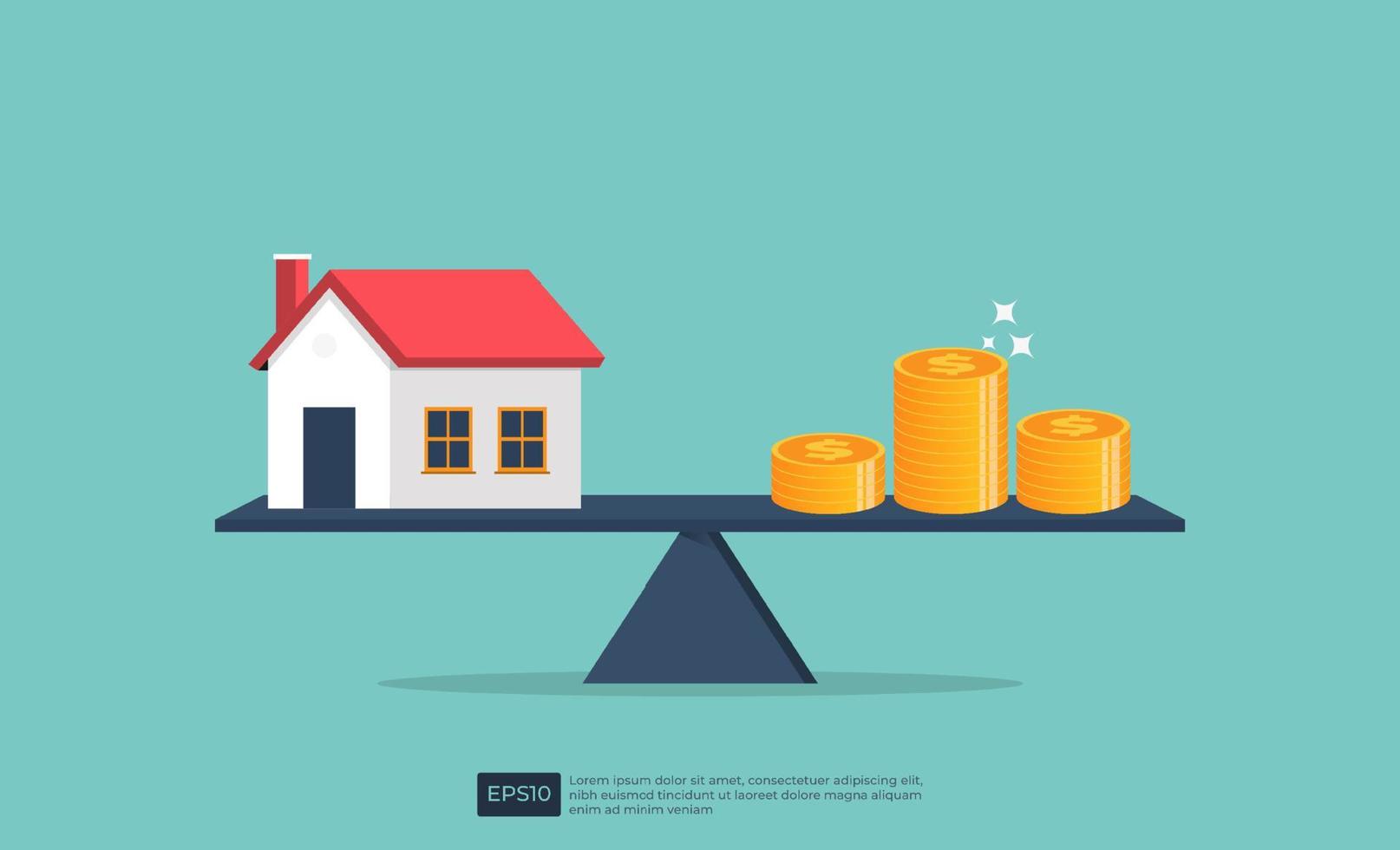 équilibre de la maison et de la pièce sur la balançoire. investissement hypothécaire d'entreprise immobilière et concept de prêt financier. illustration vectorielle de propriété immobilière vecteur