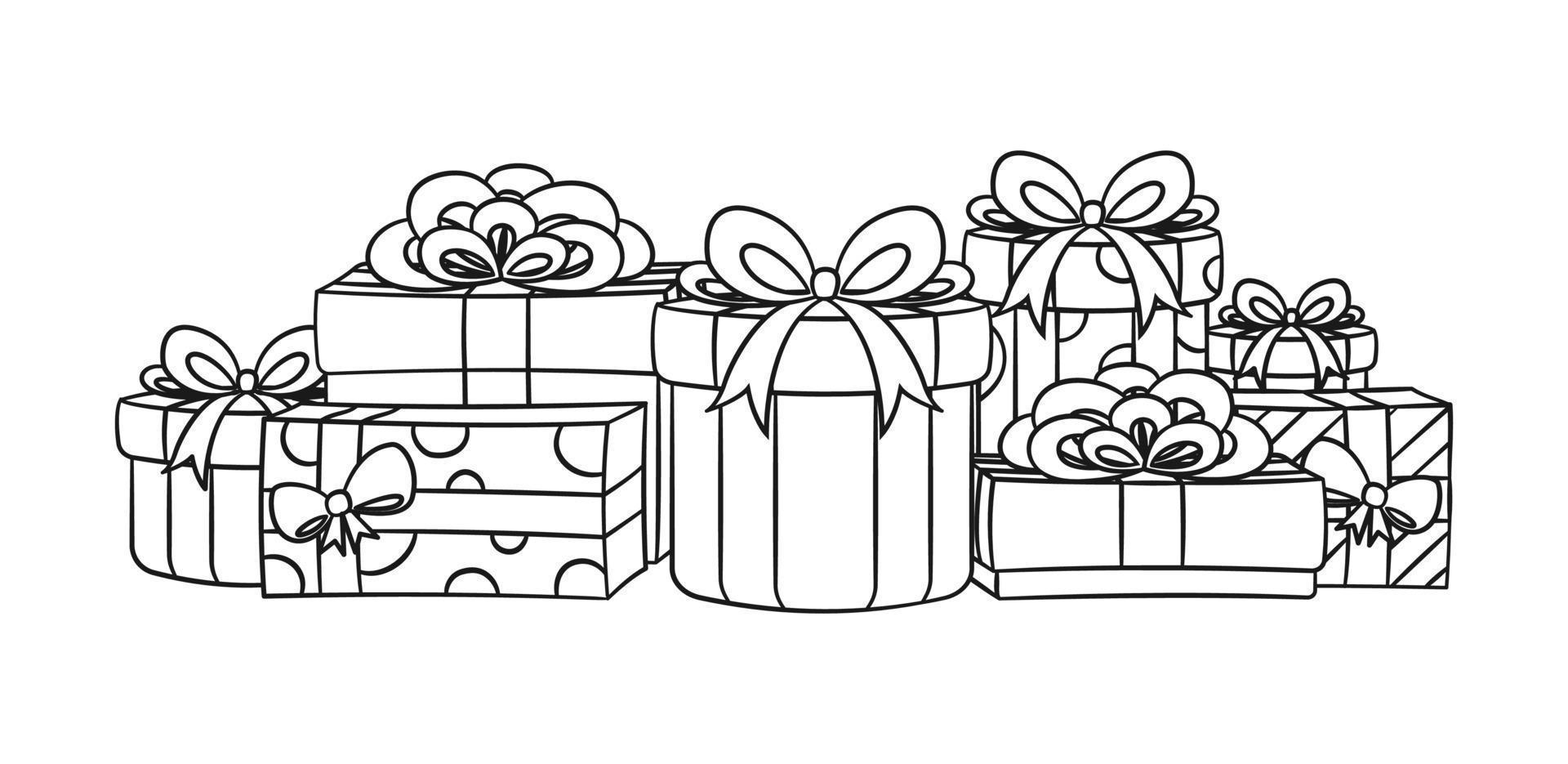 cadeaux festifs colorés, boîtes et cadeaux décrivent l'illustration de dessin animé. cadeaux de noël ou d'anniversaire avec des arcs. page de livre de coloriage feuille de travail d'activité imprimable pour les enfants. vecteur