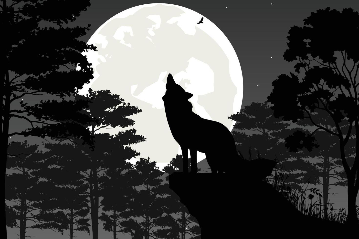 joli paysage de silhouette de loup et de lune vecteur