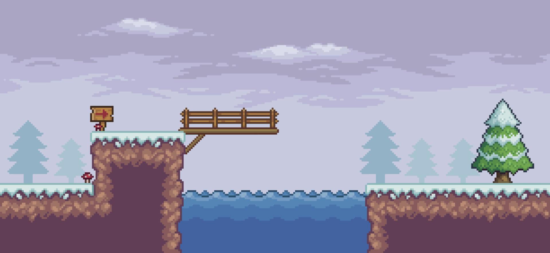 scène de jeu pixel art dans la neige avec des pins, pont, lac et nuages fond vectoriel 8 bits