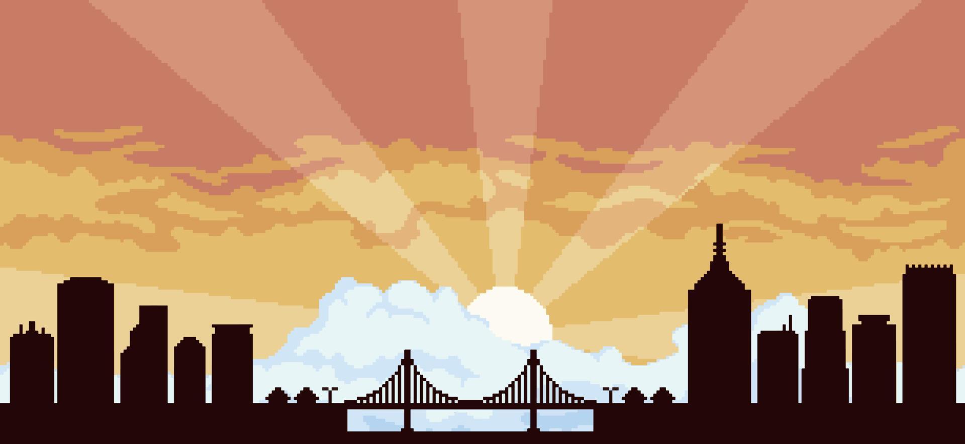 fond de ville pixel art au coucher du soleil avec bâtiments, constructions, pont et ciel nuageux pour jeu 8bit vecteur