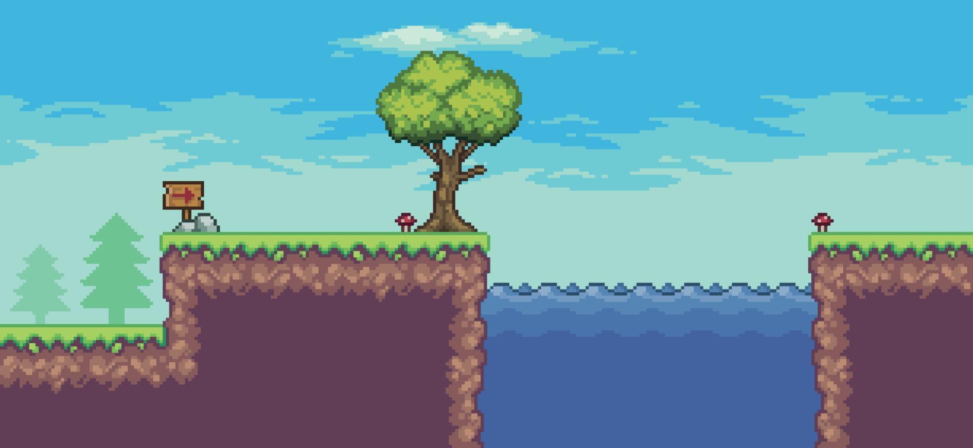 scène de jeu d'arcade pixel art avec arbres, lac, nuages fond 8bit vecteur