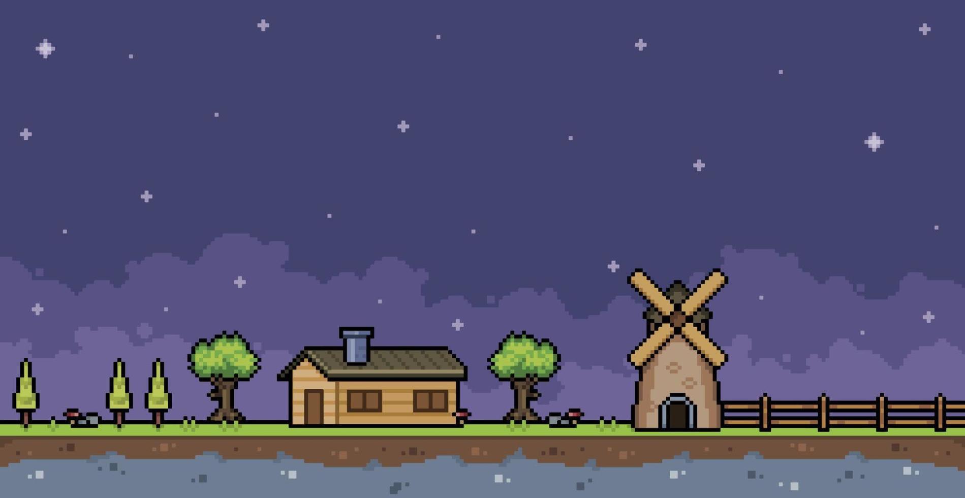 ferme pixel art la nuit avec maison, clôture, moulin et arbre fond de jeu 8 bits vecteur