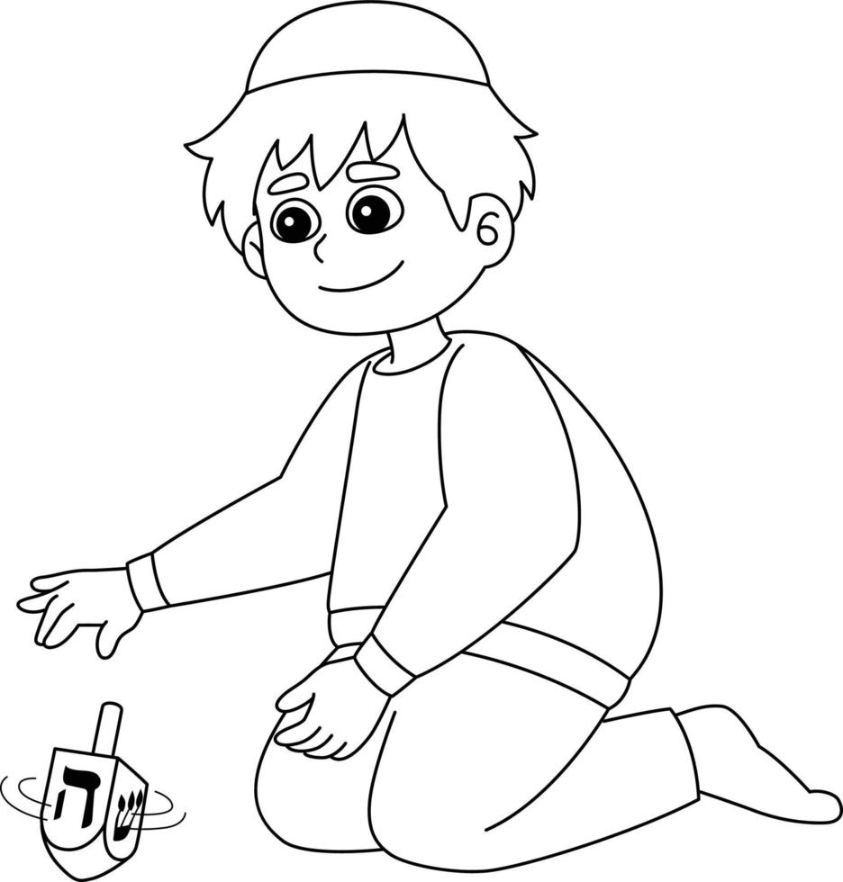 hanukkah garçon jouant dreidel isolé coloration vecteur
