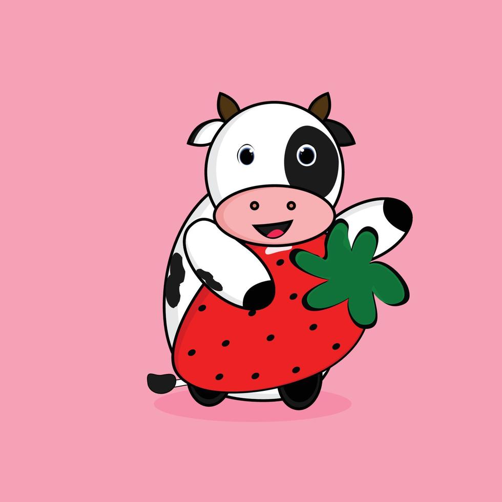 vecteur mignon vache étreignant fraise adapté aux produits laitiers frais de vache
