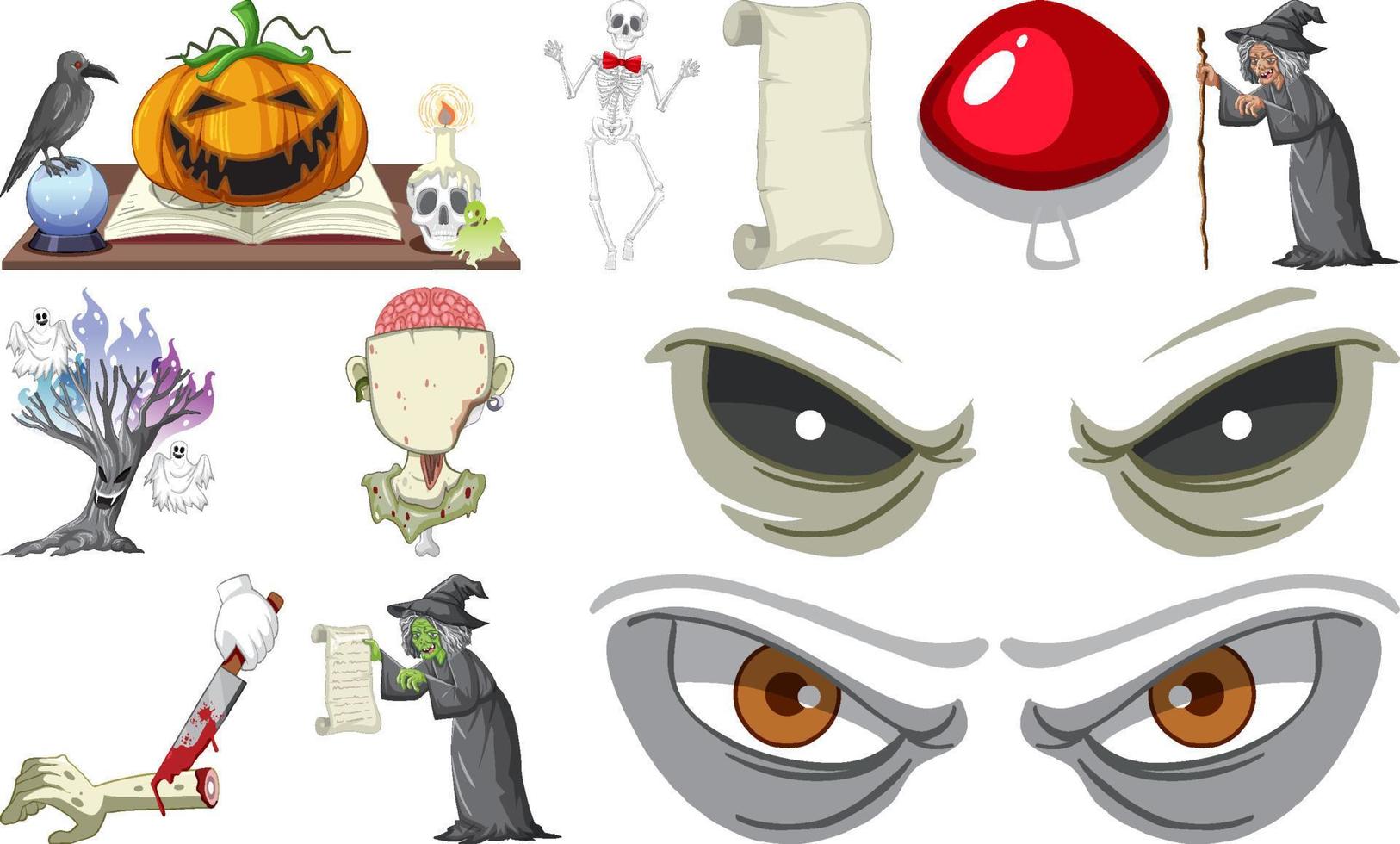 ensemble d'objets d'halloween d'horreur et de personnages de dessins animés vecteur