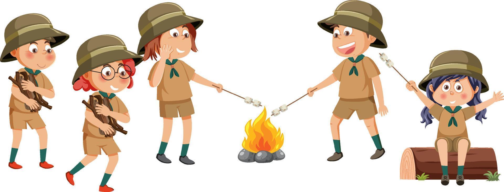 scout enfants personnages de dessins animés autour d'un feu de joie vecteur