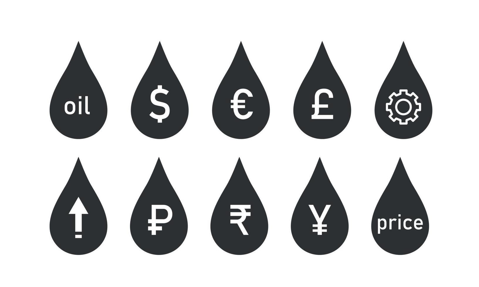 icône plate du prix mondial du pétrole. goutte d'huile avec la monnaie de différents pays dollar, euro, rouble, livre sterling, cny, roupie indienne. illustration vectorielle vecteur