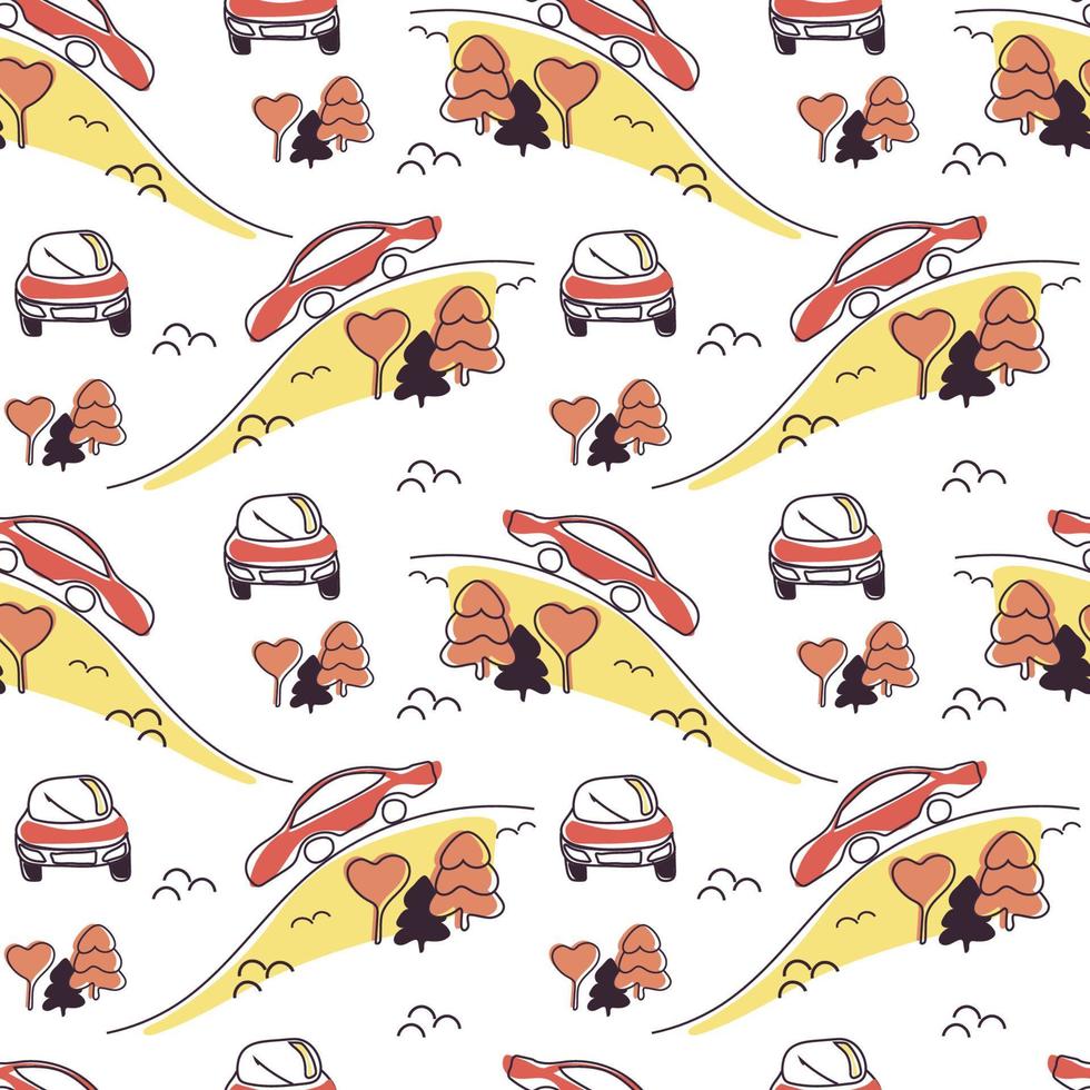 un modèle sans couture de voitures dessinées à la main dans un style doodle. voiture dans différentes projections. voiture corail sur route jaune. petits arbres - arbres de noël. lanternes en forme de coeurs vecteur