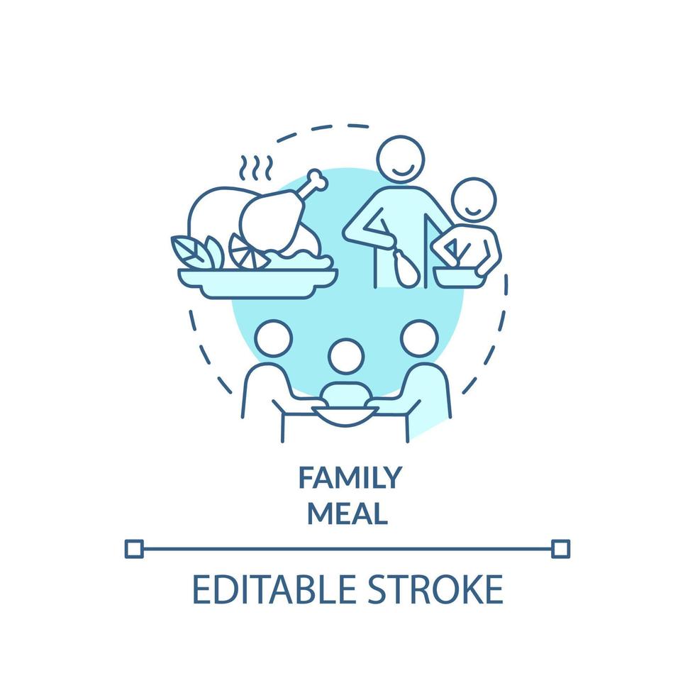 icône de concept de repas de famille turquoise. dîner avec les membres de la famille. temps de qualité ensemble illustration de ligne mince idée abstraite. dessin de contour isolé. trait modifiable. vecteur