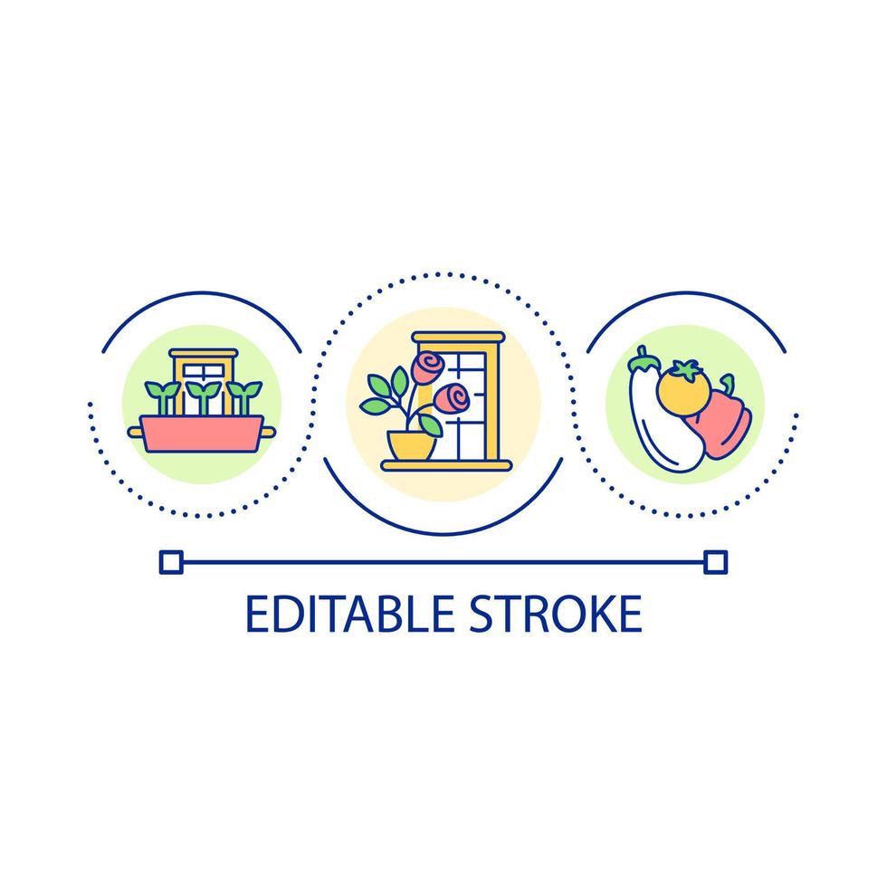plantes en croissance à l'icône de concept de boucle de rebord de fenêtre. rose en pot. jardinage d'intérieur. planter des légumes illustration de ligne mince idée abstraite. dessin de contour isolé. trait modifiable. vecteur