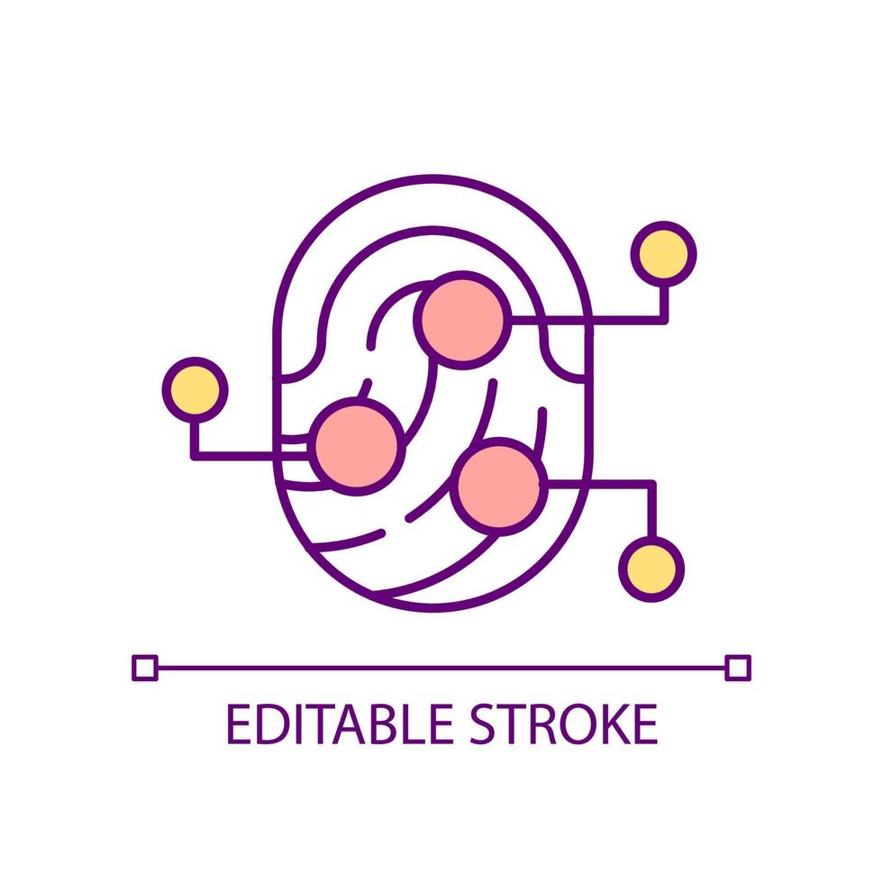 icône de couleur rvb de numérisation d'empreintes digitales. analyse des patrons. caractéristiques biologiques uniques. données biométriques. illustration vectorielle isolée. dessin au trait rempli simple. trait modifiable. vecteur