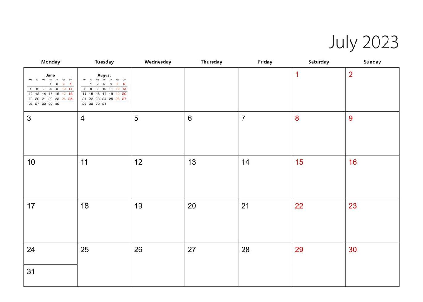 planificateur de calendrier simple de juillet 2023, la semaine commence à partir du lundi. vecteur