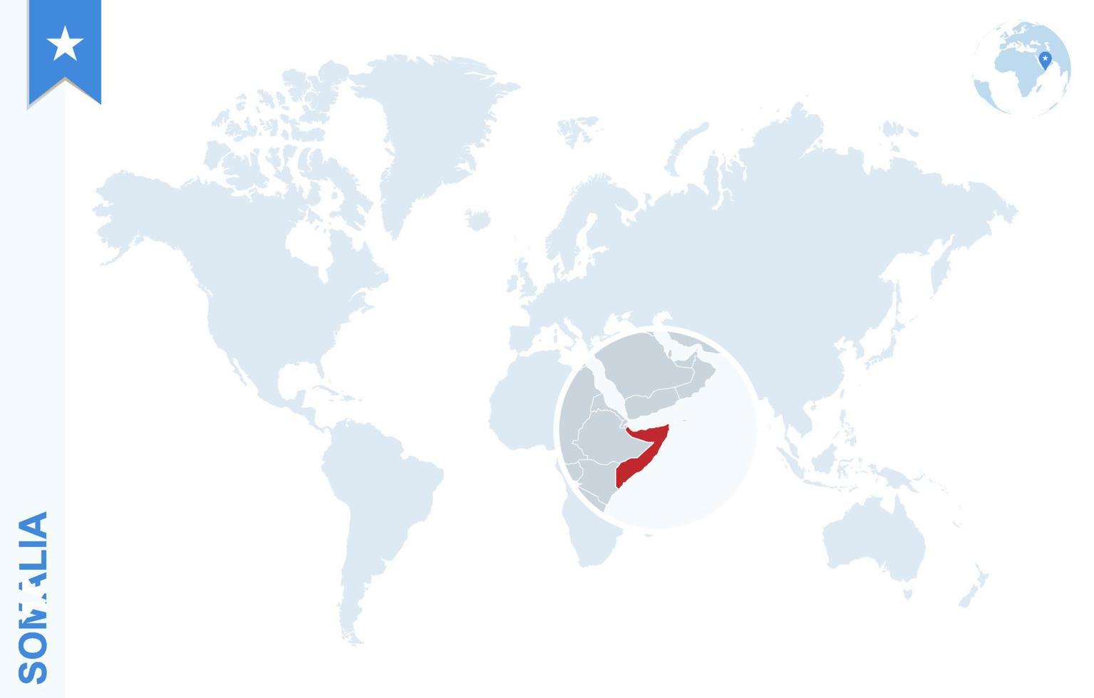 carte du monde bleu avec loupe sur la somalie. vecteur