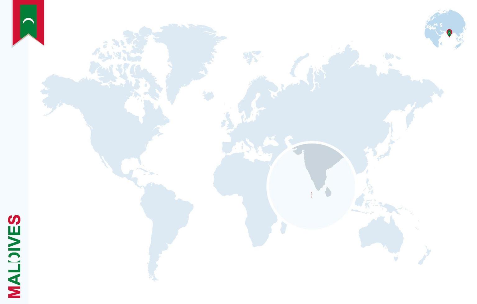 carte du monde bleu avec loupe sur les maldives. vecteur