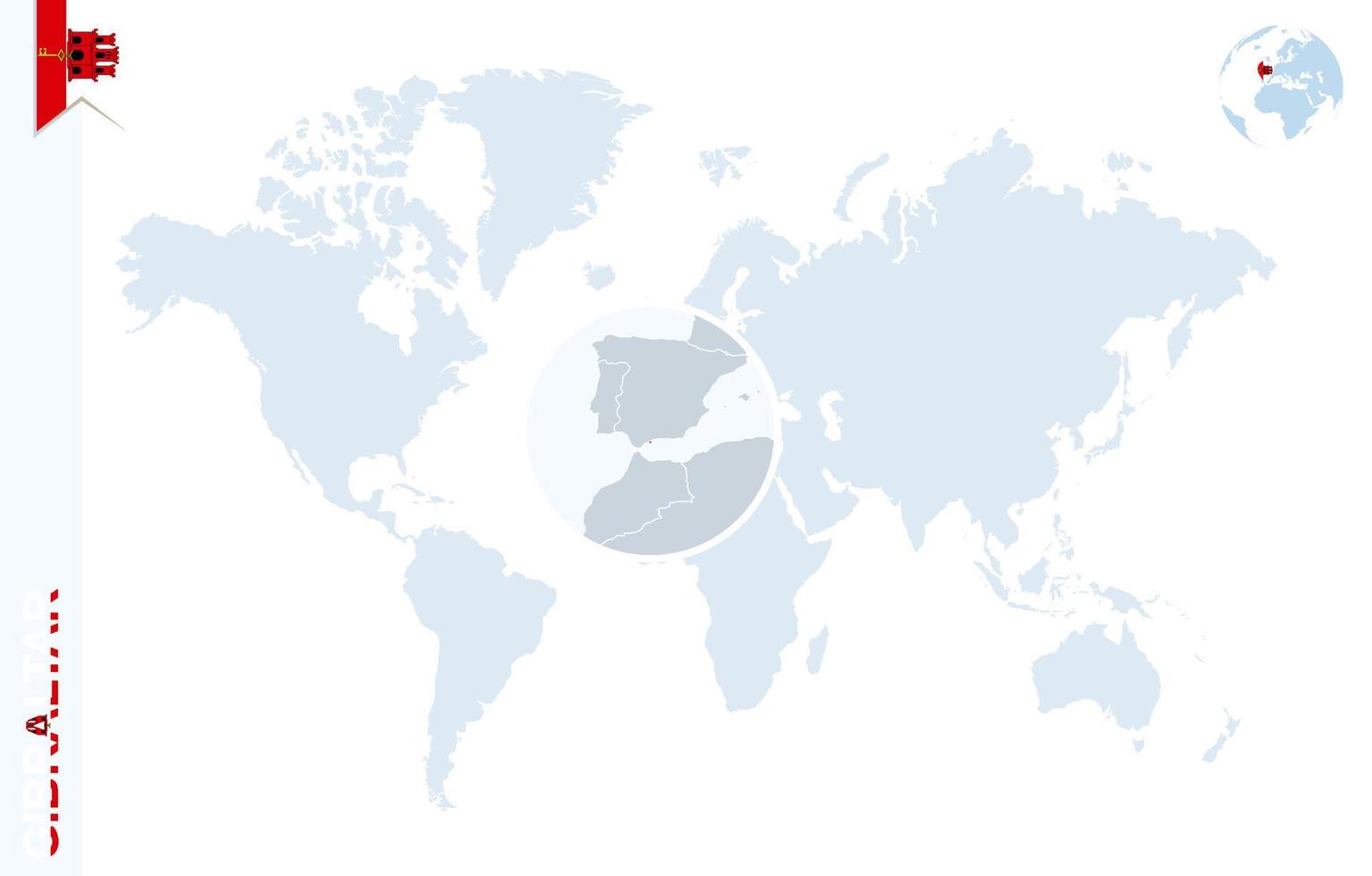 carte du monde bleu avec loupe sur gibraltar. vecteur