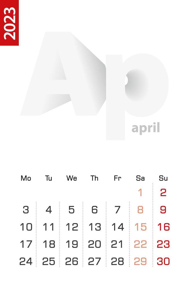 modèle de calendrier minimaliste pour avril 2023, calendrier vectoriel en anglais.