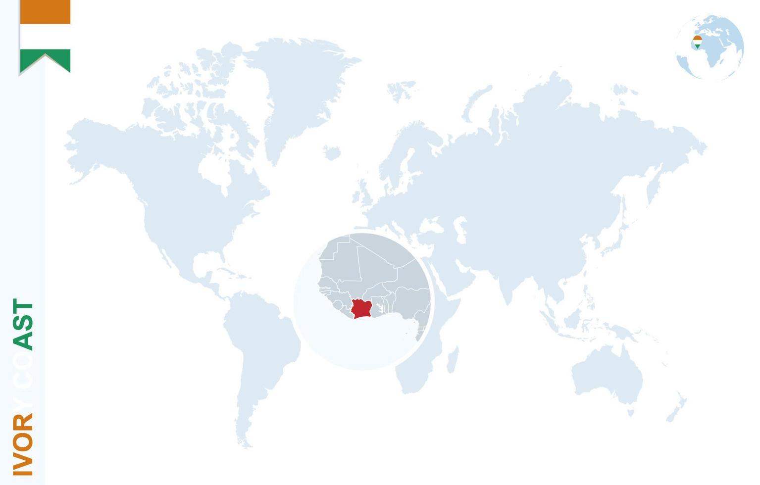carte du monde bleu avec loupe sur la côte d'ivoire. vecteur