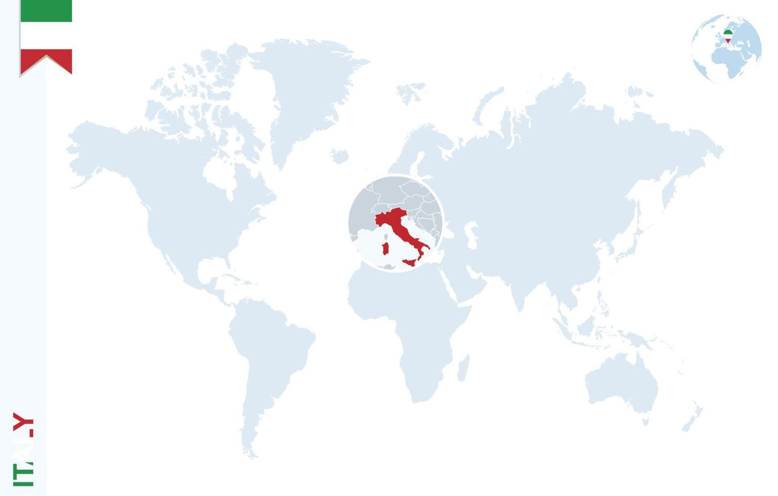 carte du monde bleu avec loupe sur l'italie. vecteur